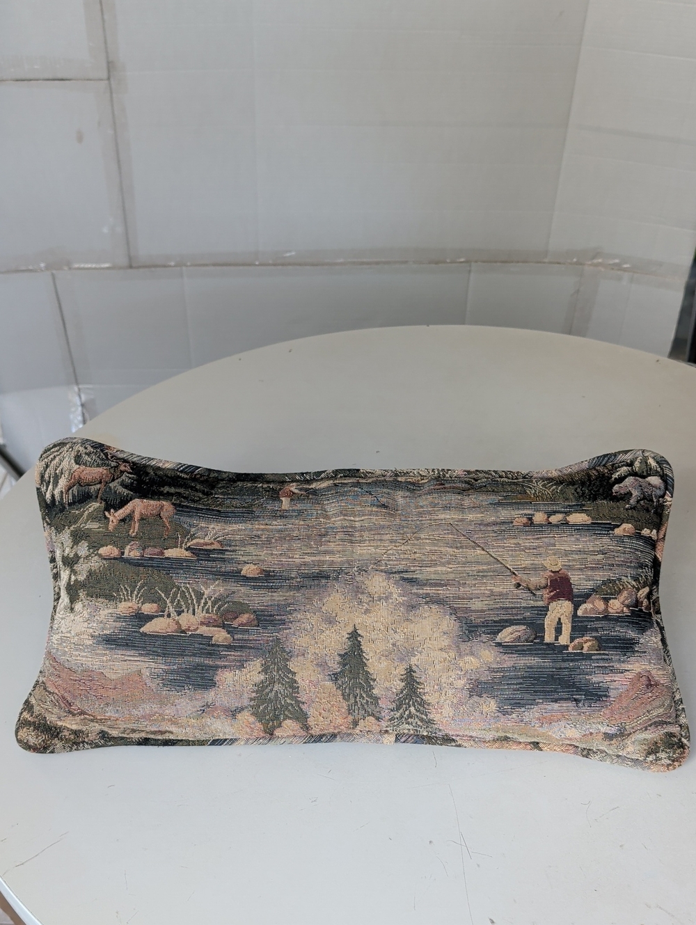 Scenic Fisherman Tapestry Accent Pillow Blue Green Dad Fishing Deer River Nature